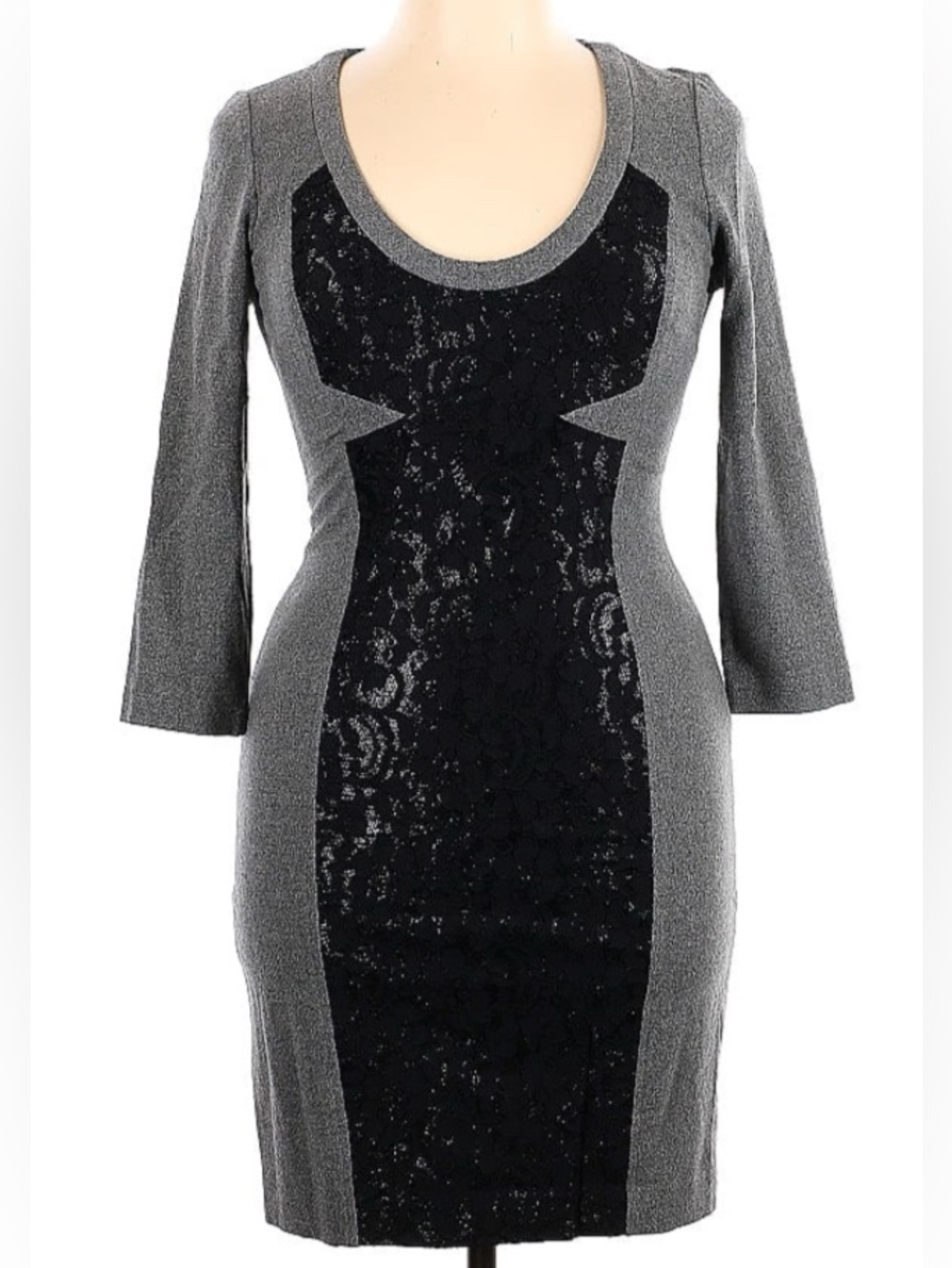 Tracy Reese Wool Blend Lace Panel Bodycon Fall Winter Gray Black Dress Size 0